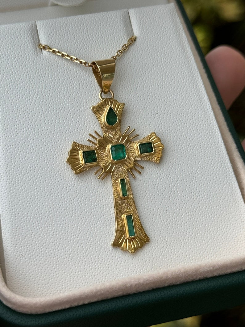 0.90tcw 18K Natural Dark Green Baguette Emerald Cross Crucifix Pendant Necklace - JR Colombian Emeralds