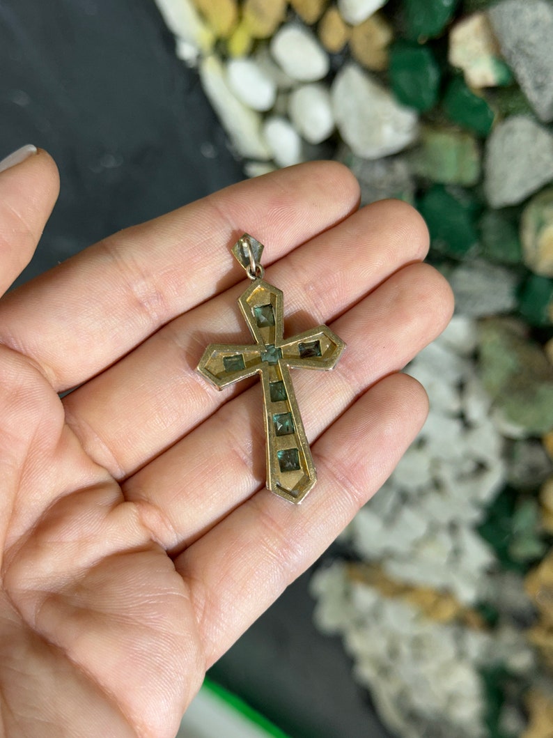 2.55tcw 18K Natural Pre-Colombian Unisex Two Toned Yellow White Gold Emerald Cross Pendants - JR Colombian Emeralds