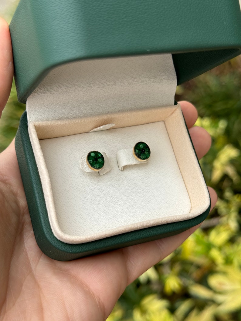 3.0tcw 18K Natural Rich Dark Green Colombian Emerald Oval Trapiche Slice Stud Earrings - JR Colombian Emeralds