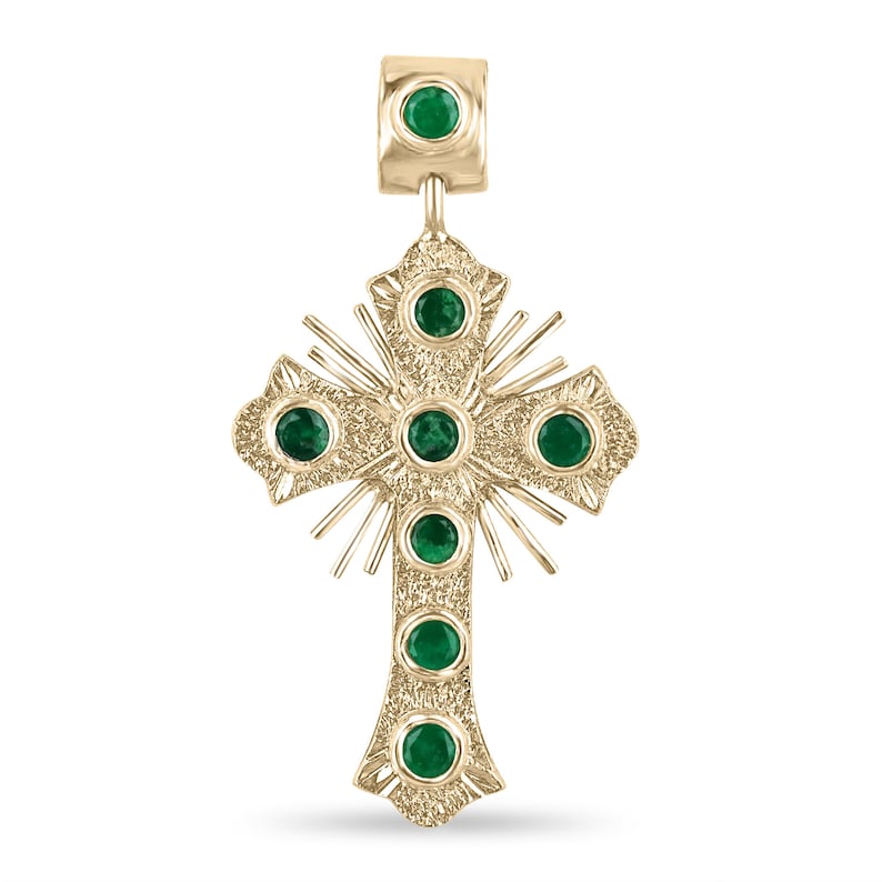 20tcw 18K Emerald Cross Pendant with Dark Green Round Cut Emeralds in Religious Bezel Setting