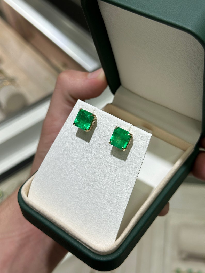 9.28tcw 18K Colombian Emerald & Diamond Stud Earrings, Asscher Cut, Prong Set 750