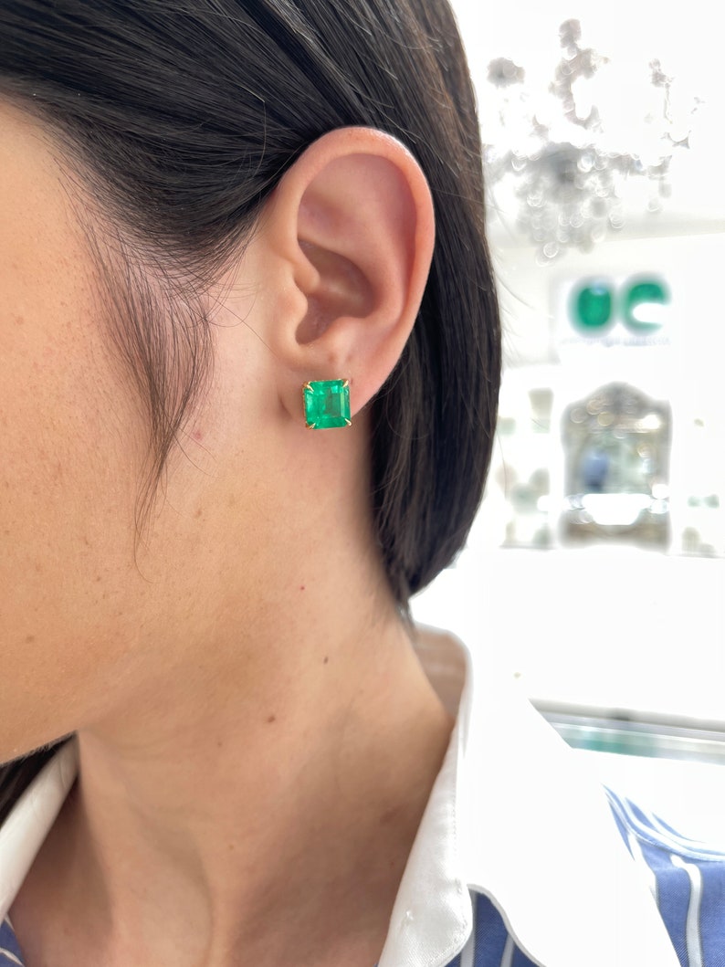 9.28tcw 18K Colombian Emerald & Diamond Stud Earrings, Asscher Cut, Prong Set 750