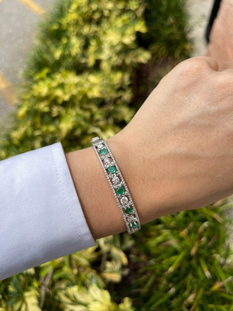 3.50tcw 18K White Gold Emerald & Diamond Cuff Bracelet Round Cut Stones