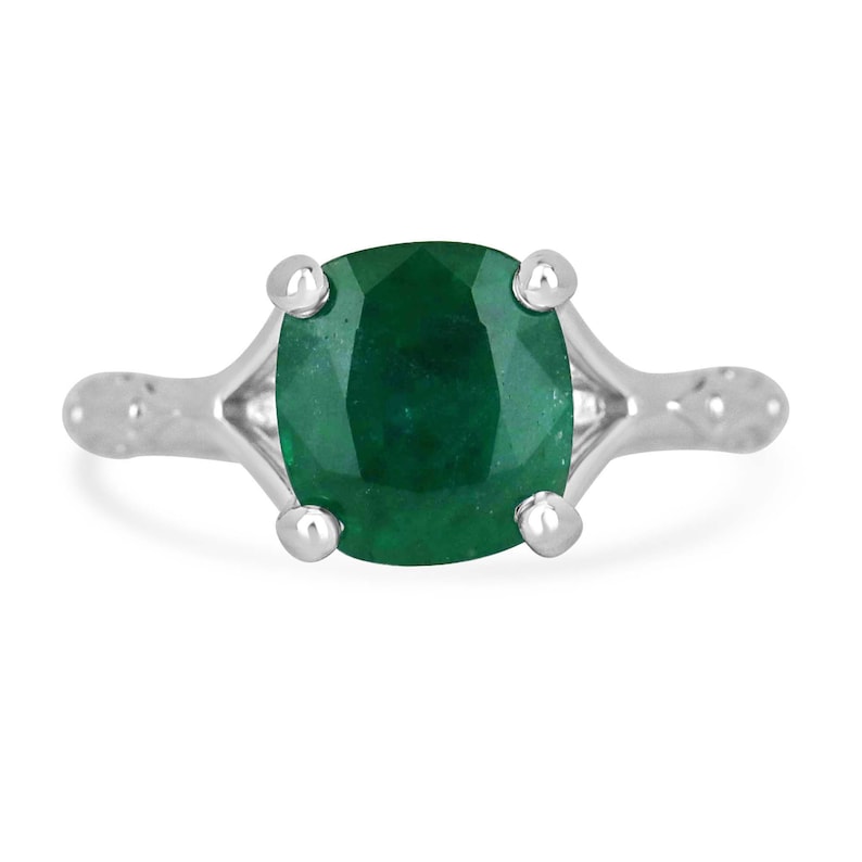 2.73ct Dark Green Cushion Cut Emerald Floral Engagement Ring - Regal Design