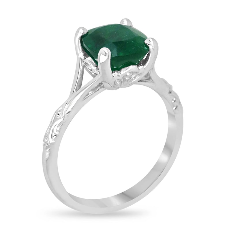 Elegant 2.73ct Dark Green Cushion Cut Emerald Ring - Floral Engagement Style