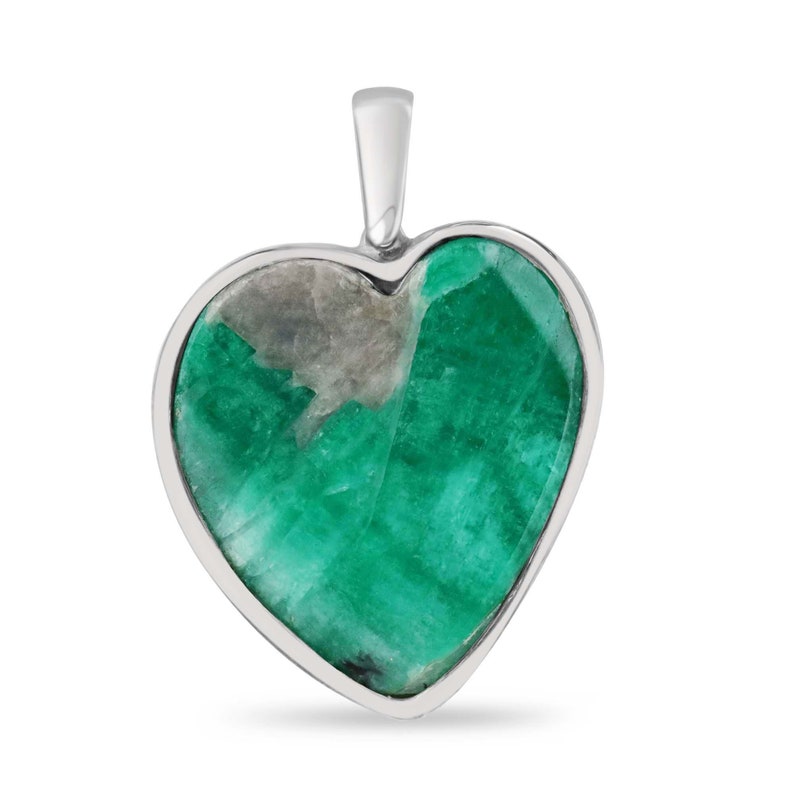 Colombian Emerald Heart Pendant in Matrix with Bezel Set Rough Gemstone - 925 Sterling Silver