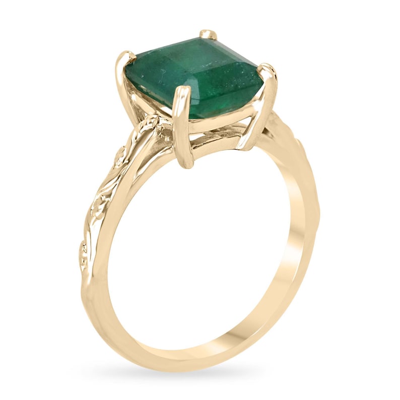 Medium Dark Green Asscher Cut Emerald Ring - 2.89ct 14K Gold Floral Design