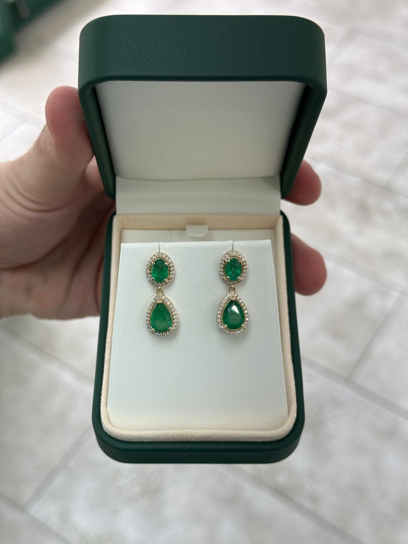 5.40tcw 14K Gold Emerald & Diamond Halo Dangle Earrings, Oval & Pear Cut