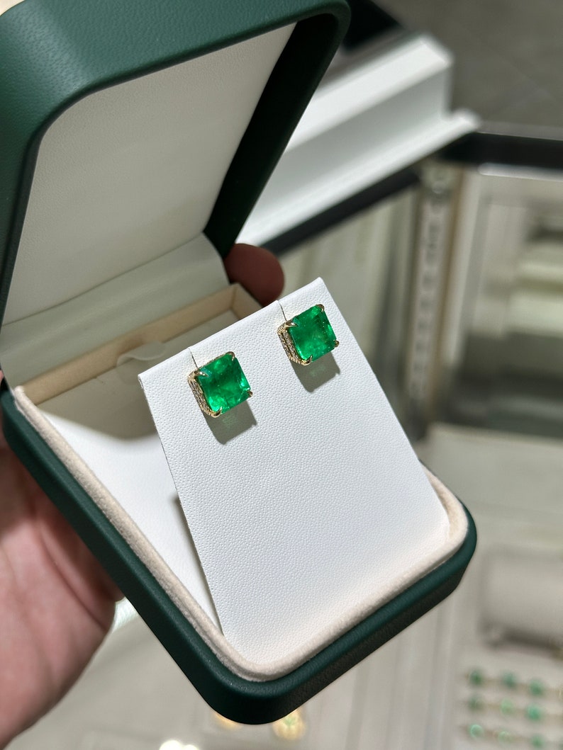 9.28tcw 18K Colombian Emerald & Diamond Stud Earrings, Asscher Cut, Prong Set 750