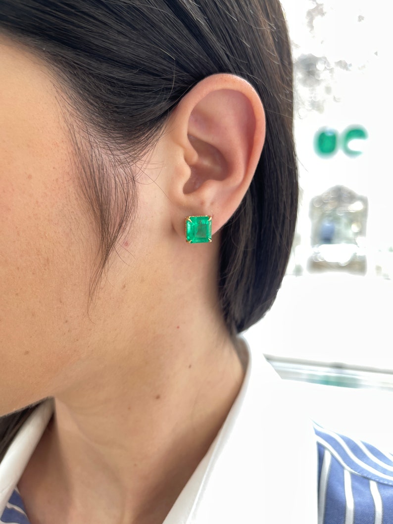 9.28tcw 18K Colombian Emerald & Diamond Stud Earrings, Asscher Cut, Prong Set 750