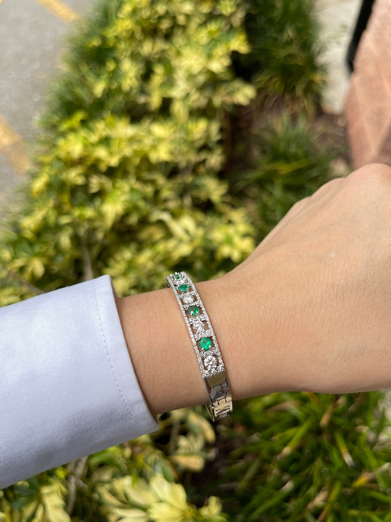 3.50tcw Round Cut Diamond and Emerald Cuff Bracelet Set in 18K White Gold