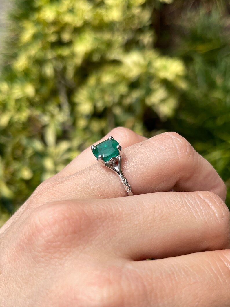 Floral Design Engagement Ring with 2.73ct Dark Green Cushion Cut Emerald