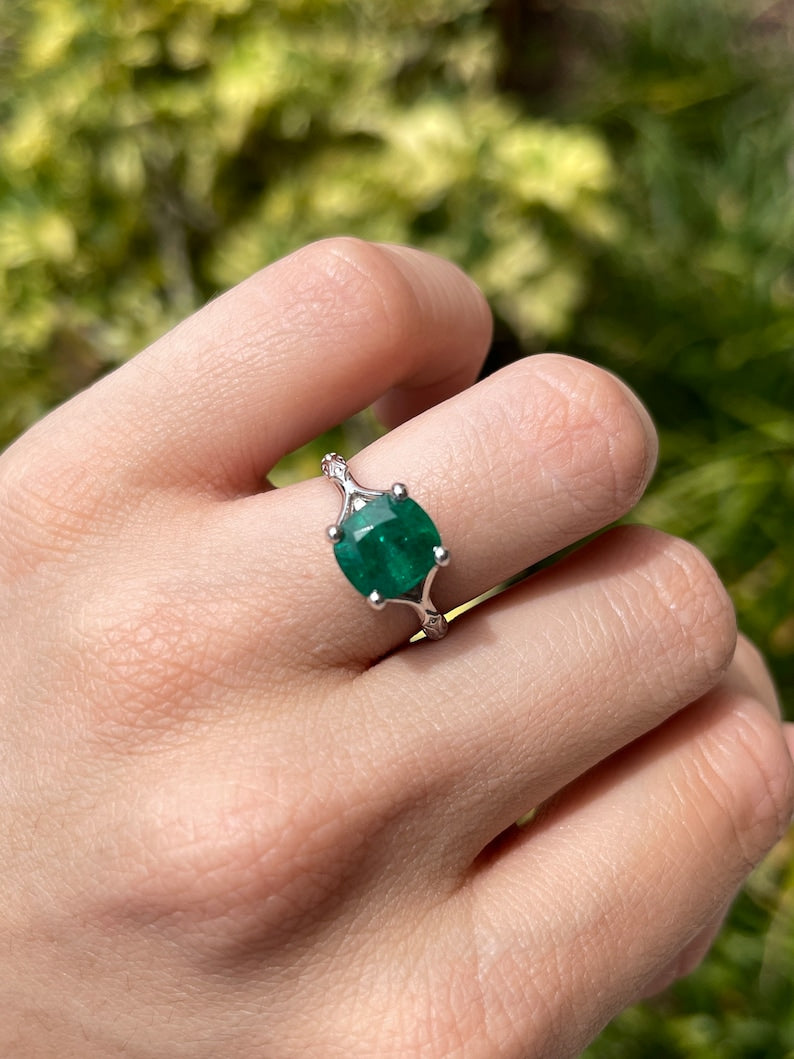 2.73ct Dark Green Cushion Emerald Ring - Stunning Floral Engagement Jewelry