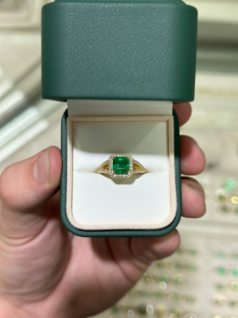 2.55tcw 18K Asscher Cut Emerald & Diamond Halo Engagement Ring