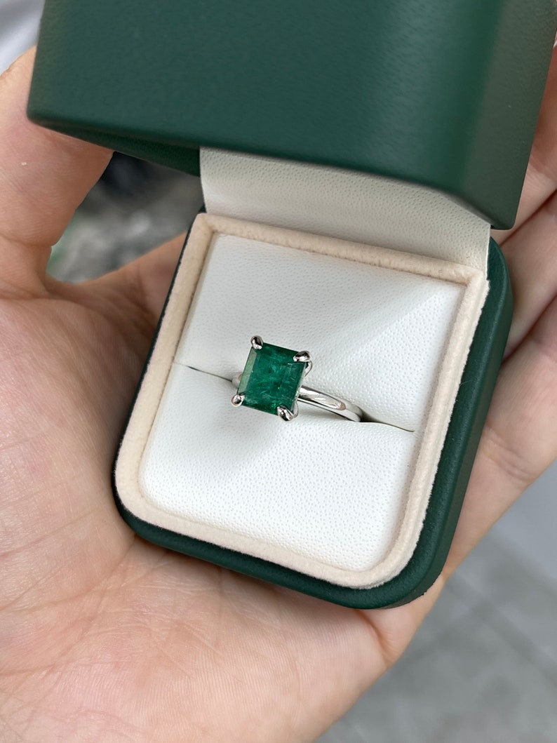 Natural Deep Green Emerald Cut Engagement Ring in 14K White Gold, Weighing 3.85ct