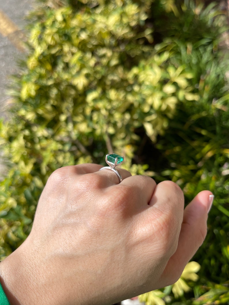 3.85ct 14K Natural Deep Green Emerald Cut Engagement Ring in White Gold