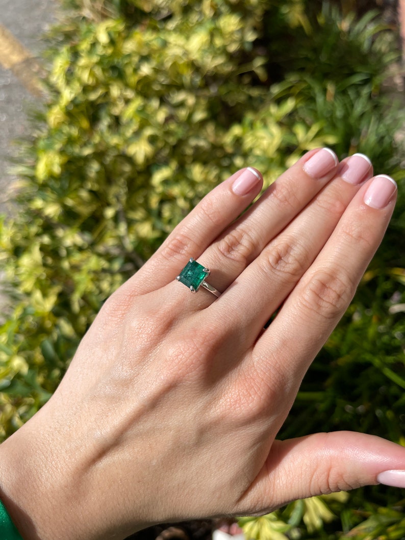 3.85ct 14K Natural Deep Green Emerald Cut Engagement Ring in White Gold