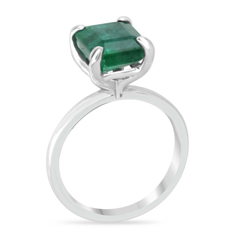 14K White Gold Engagement Ring with a 3.85ct Deep Green Emerald Cut Gemstone