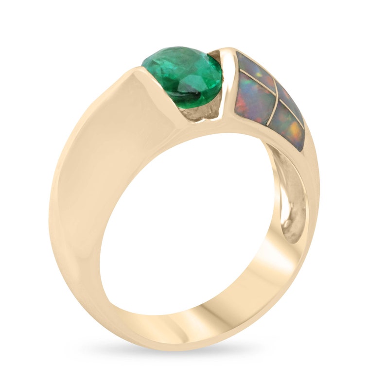 Elegant 1.05ct Natural Green Emerald Ring in 14K Gold with Opal Highlights