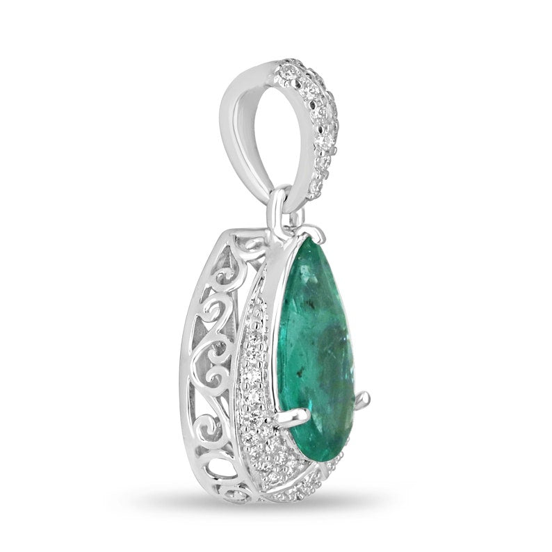 Stunning 14K White Gold Pendant with 3.37tcw Pear-Shaped Emerald and Diamonds