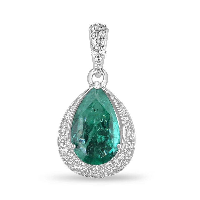 Elegant 3.37tcw Pear-Cut Emerald and Diamond Pendant in 14K White Gold