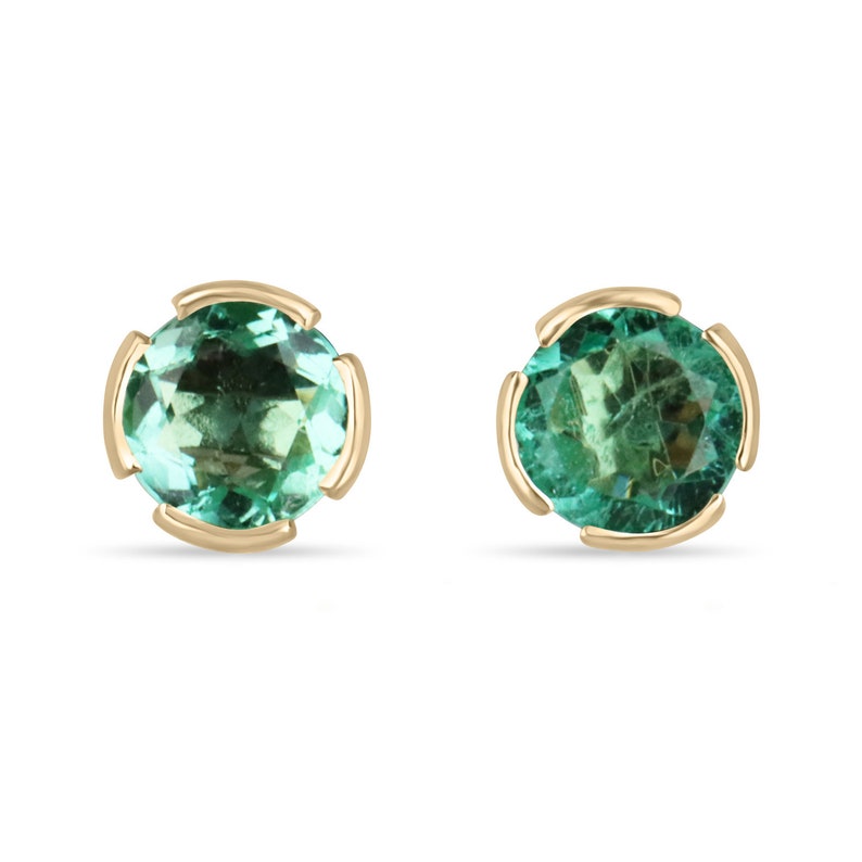 14K Colombian Emerald Round Stud Earrings - 2.0tcw, May Birthstone Jewelry