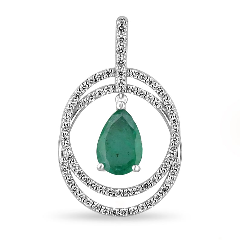 14K Gold 2.40tcw Pear Cut Emerald & Diamond Halo Pendant Necklace