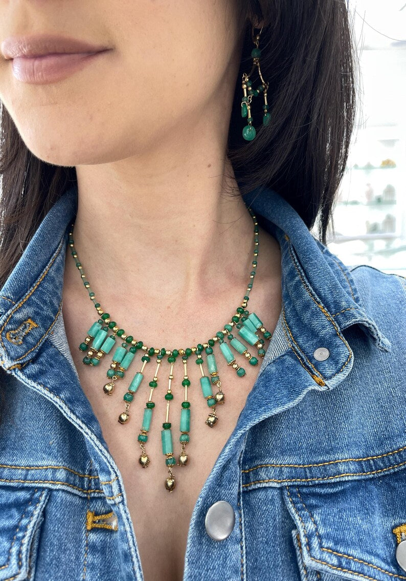 Natural Colombian Emerald & Rough Cut Necklace | 14K Gold & Silver