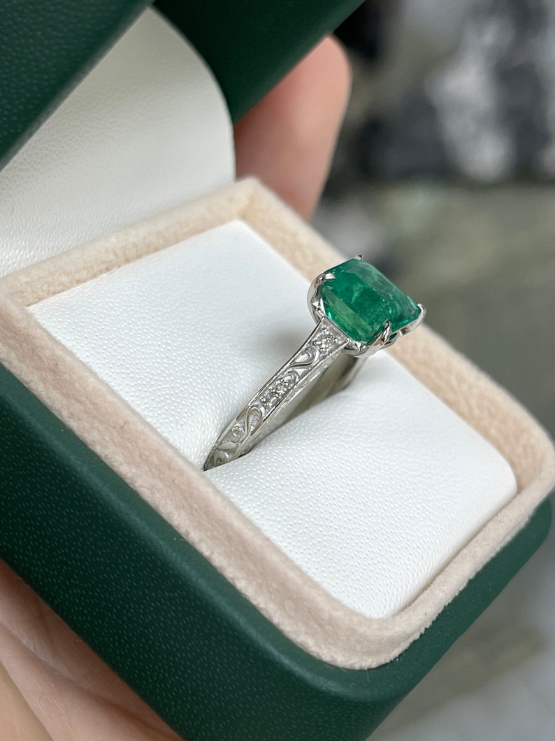 3.57tcw Asscher Cut Emerald and Diamond Ring in a Beautiful Floral Design