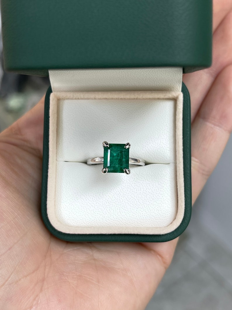 Stunning 3.85ct Emerald Cut Engagement Ring in 14K White Gold with Natural Deep Green Stone