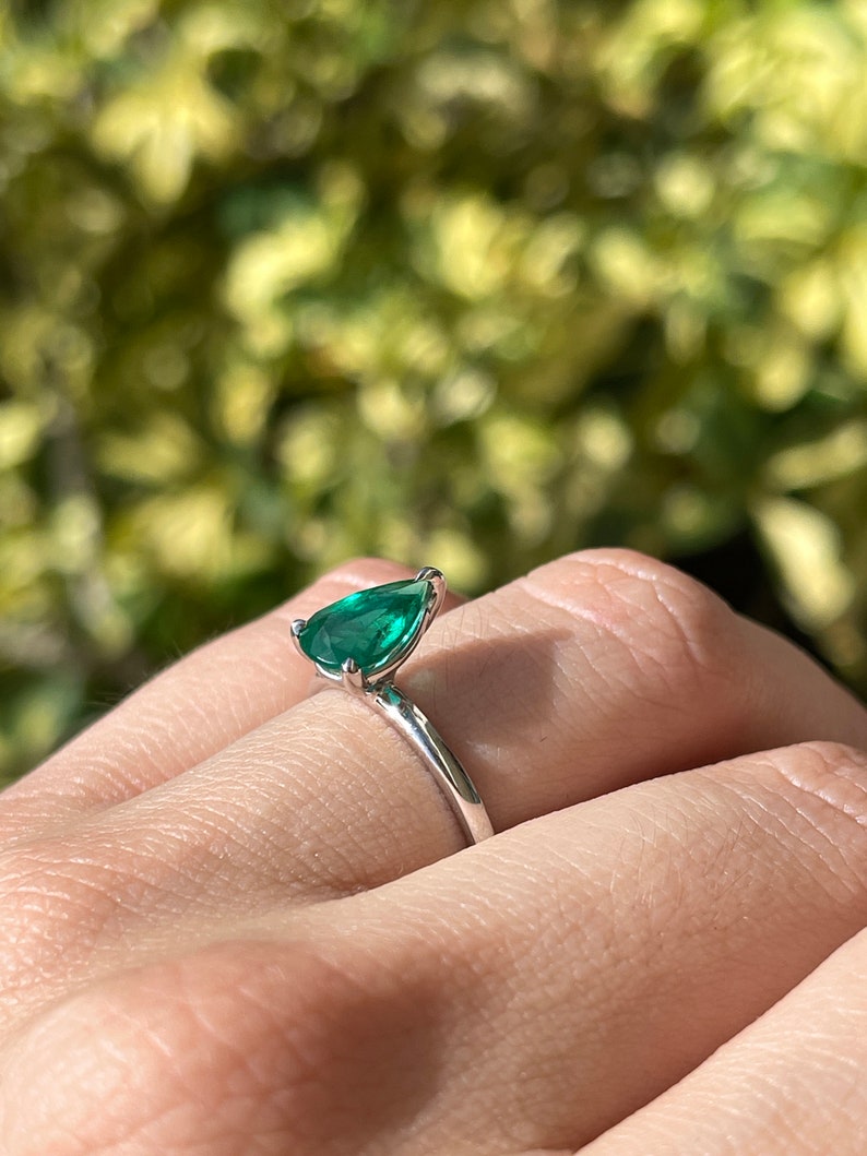 1.28ct Pear Cut Emerald Ring in 18K White Gold - AAA+ Quality Engagement