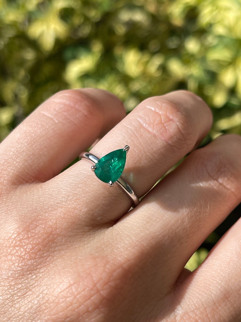 1.28ct Pear Cut Emerald Ring in 18K White Gold - AAA+ Quality Engagement