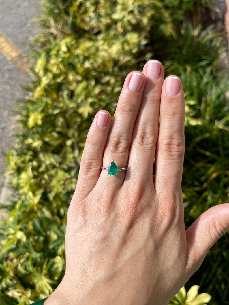 1.28ct Pear Cut Emerald Ring in 18K White Gold - AAA+ Quality Engagement