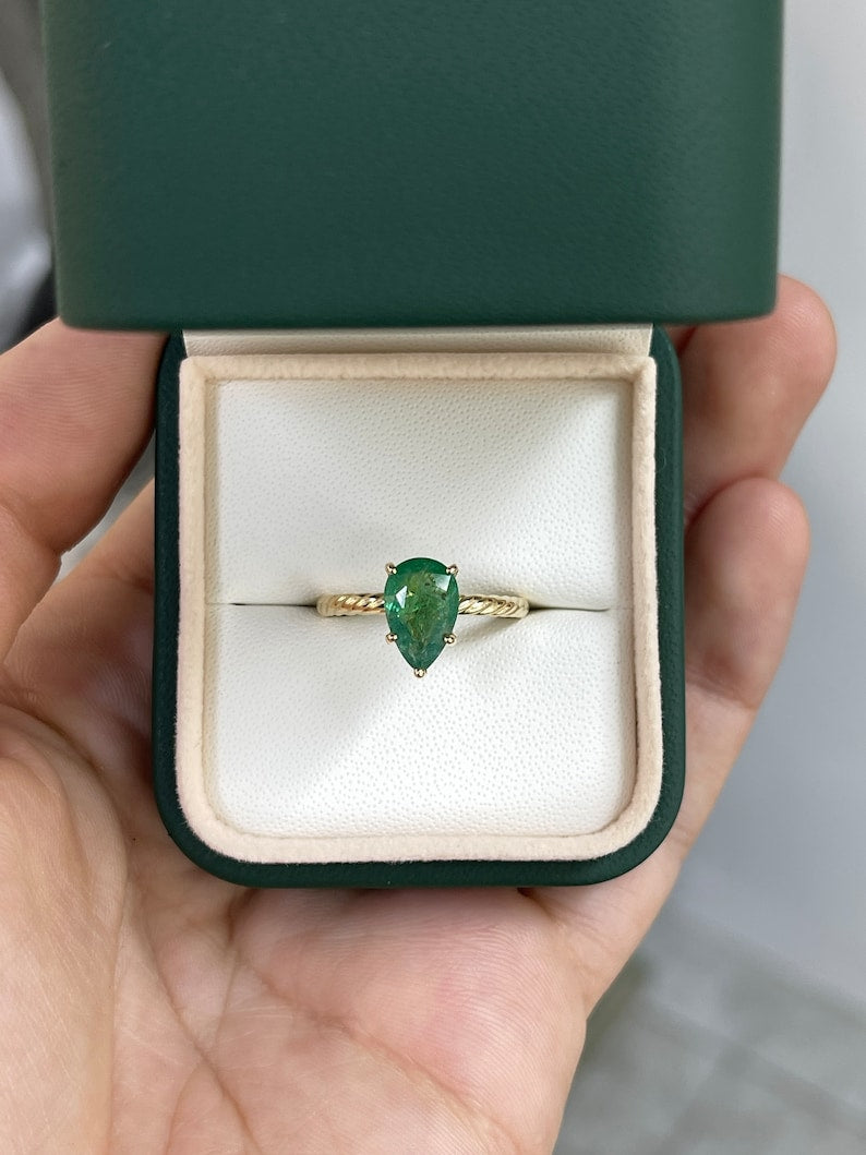 Pear Cut Emerald Solitaire Ring in 14K Yellow Gold, 1.95 Carat with Twisted Band