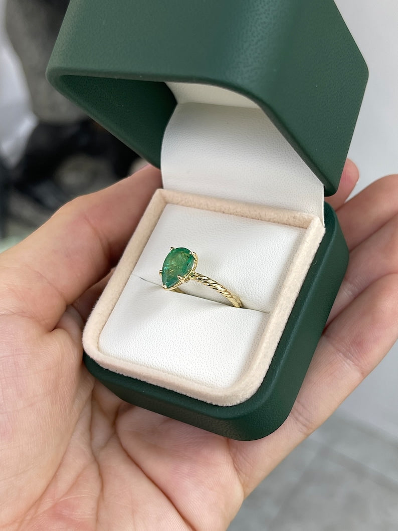 1.95ct Solitaire Pear Shaped Emerald Ring with 14K Twisted Yellow Gold Band