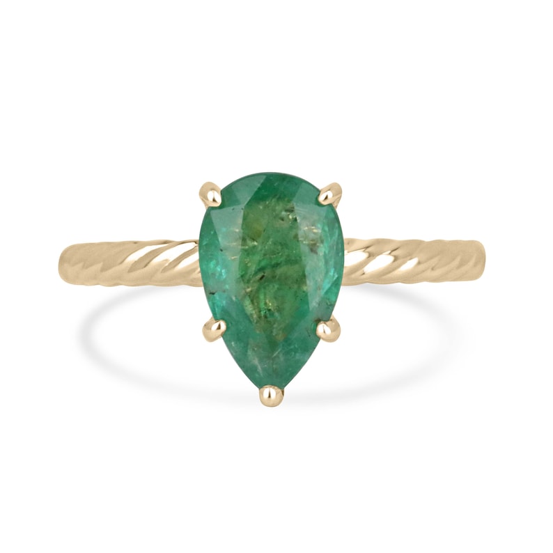 1.95ct Pear Cut Emerald Solitaire Ring with Twisted 14K Yellow Gold Band