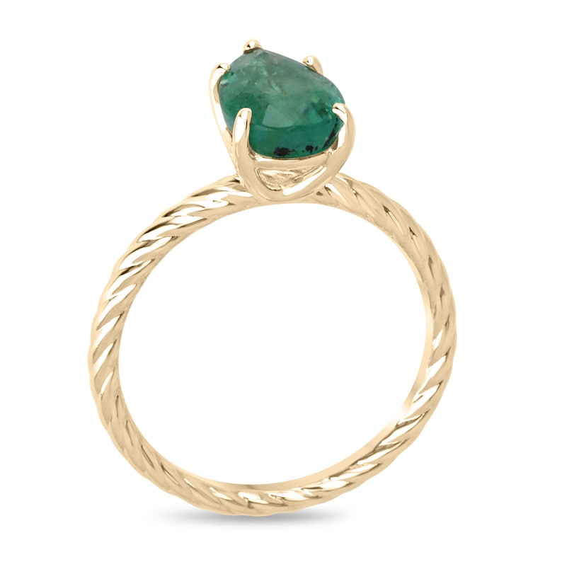 14K Yellow Gold Twisted Band Ring with 1.95ct Pear Shaped Emerald Solitaire