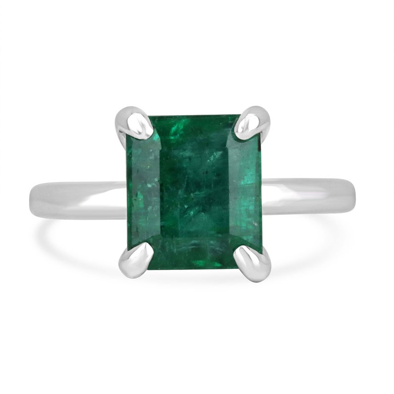 3.85ct 14K White Gold Engagement Ring Featuring a Natural Deep Green Emerald Cut