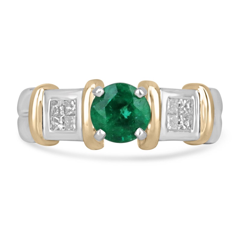 1.02tcw 18K Gold Ring with Round Emerald and Princess Cut Diamond Accents