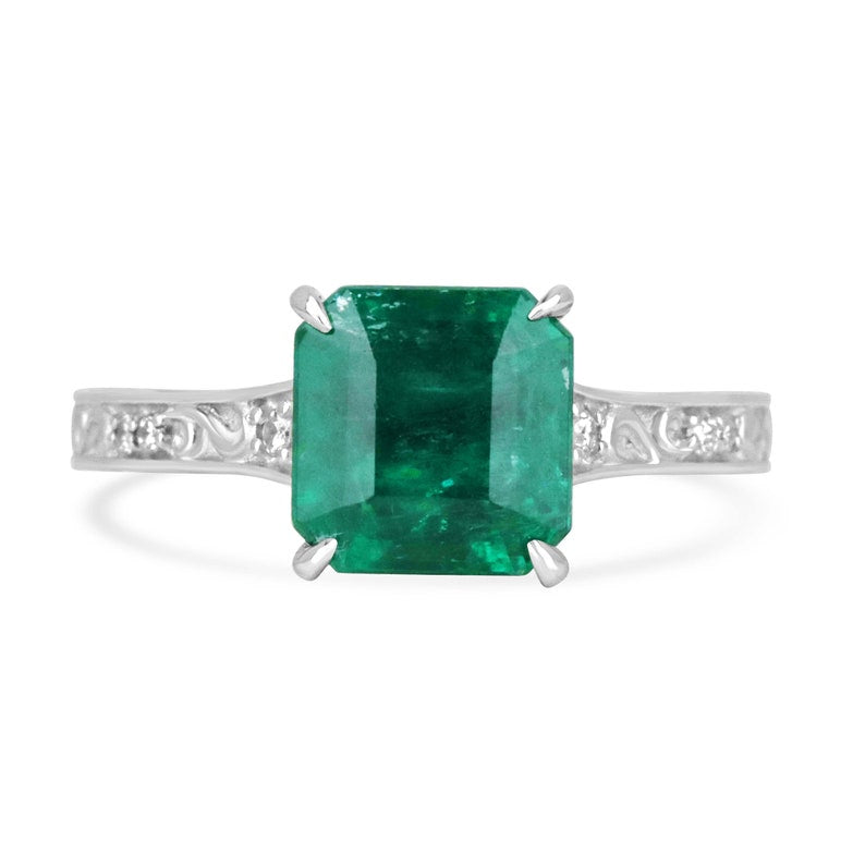 Floral Engagement Ring Featuring a 3.57tcw Asscher Cut Emerald and Diamonds