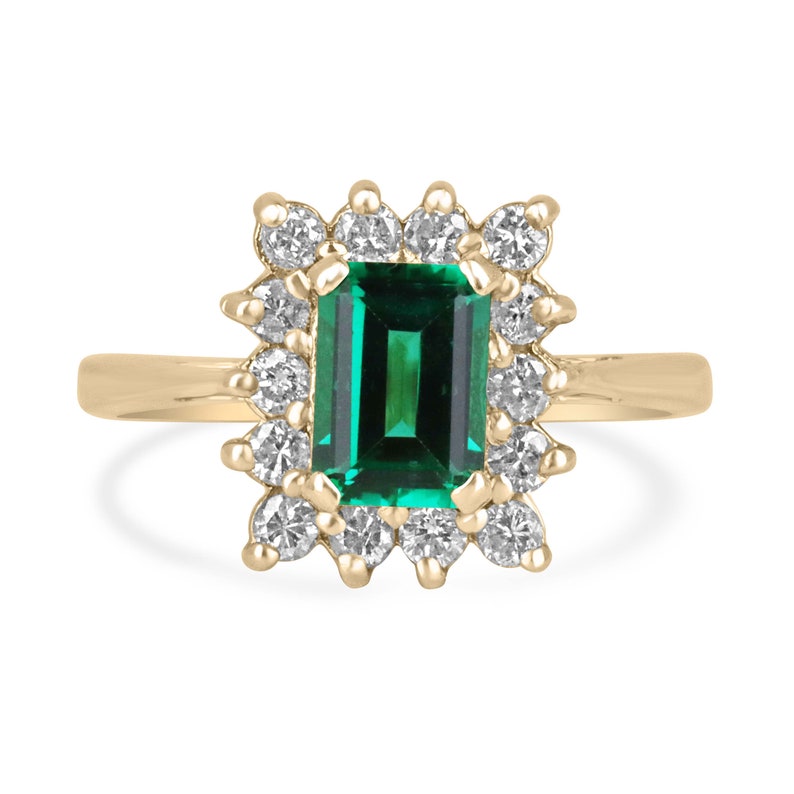 14K Gold Emerald Cut and Diamond Halo Ring with 1.94 Carat Total Weight