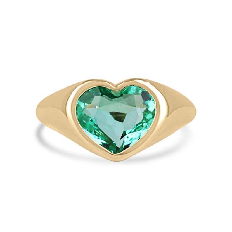 2.19ct Heart-Cut Colombian Emerald Solitaire Ring in 18K Gold Bezel Setting