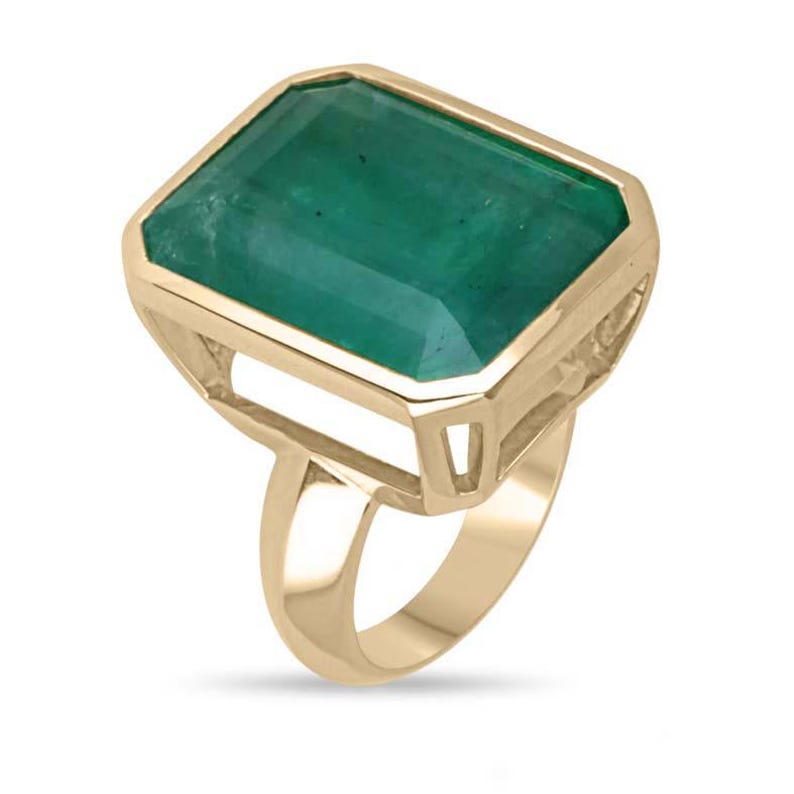 Luxurious 25.25 Carat Dark Green Emerald Solitaire Ring in 18K Gold Bezel Setting