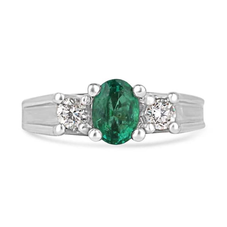 14K White Gold Three Stone Ring with 1.50tcw Oval Emerald and Diamonds for Right Hand