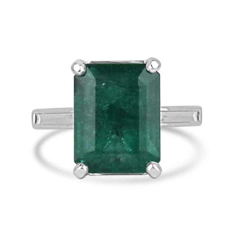 14K White Gold 9.16ct Emerald Solitaire Ring with Deep Green Emerald Cut