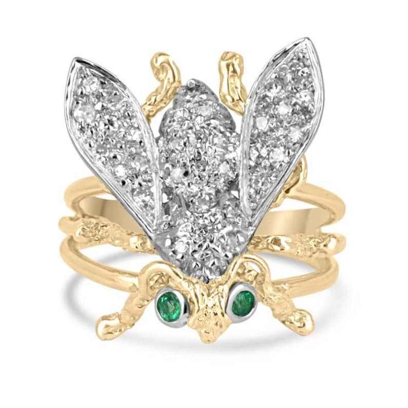 14K Two-Toned Gold Bee Ring with Emerald Eyes and Diamond Cluster - 0.06 Carats Statement Jewelry