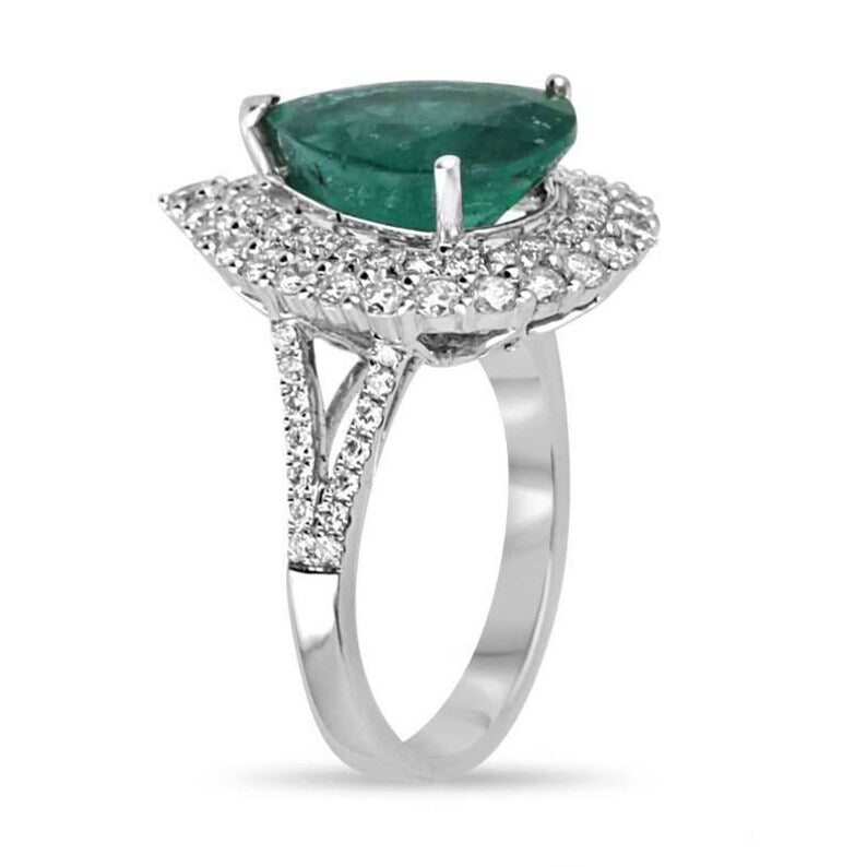 Elegant 18K Gold Engagement Ring with 8.70tcw Pear Cut Emerald and Diamond Halo