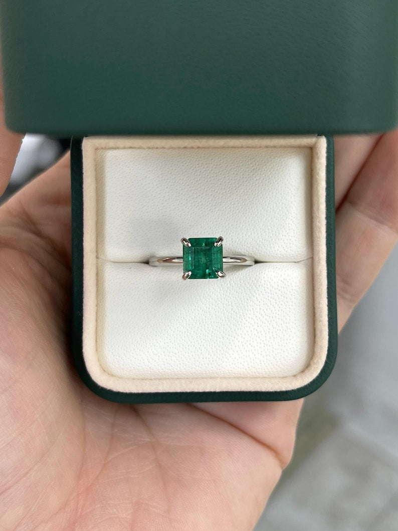 Elegant Platinum Ring with 1.74ct Vivid Green Asscher Cut Emerald