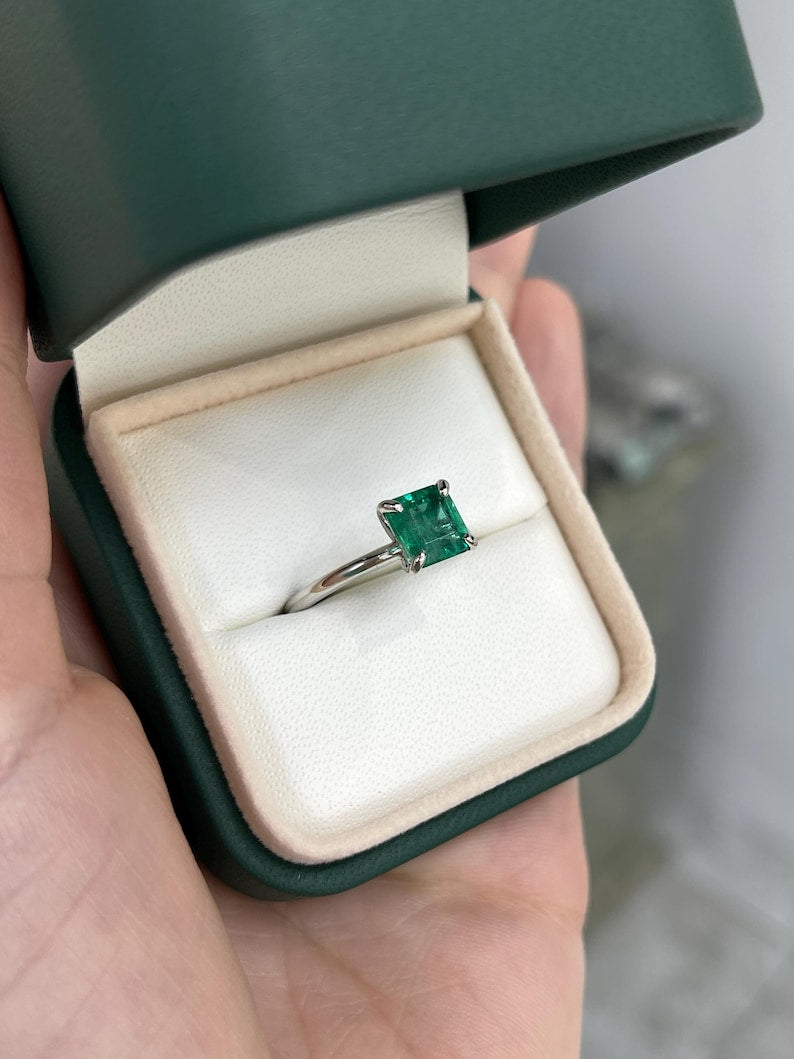 Stunning 1.74ct Asscher Cut Emerald Solitaire Ring in Platinum with Vivid Green Stone