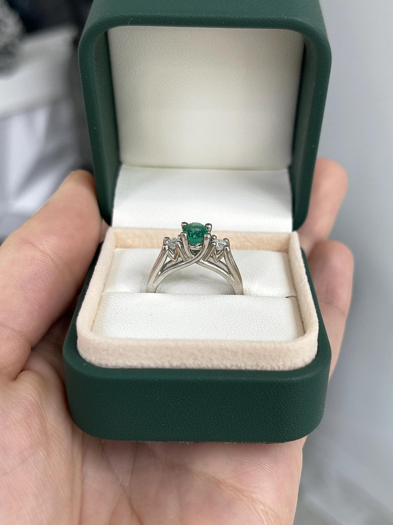 Right Hand Jewelry: 14K White Gold Three Stone Ring with 1.50tcw Oval Emerald and Diamond Accents